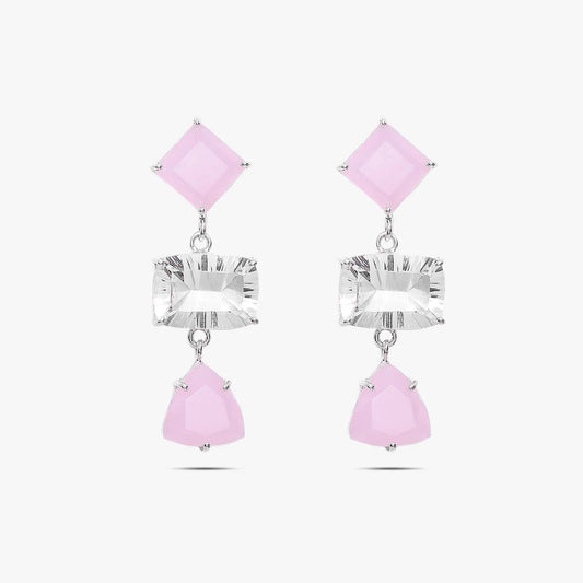 Multicut Pink Stone Long Silver Earrings