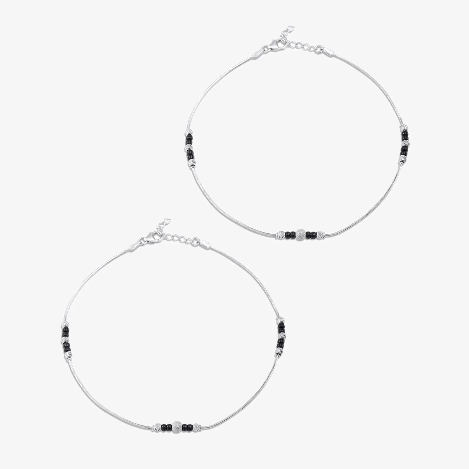 Black Beads Thin Silver Chain Anklet - Tweov Jewels