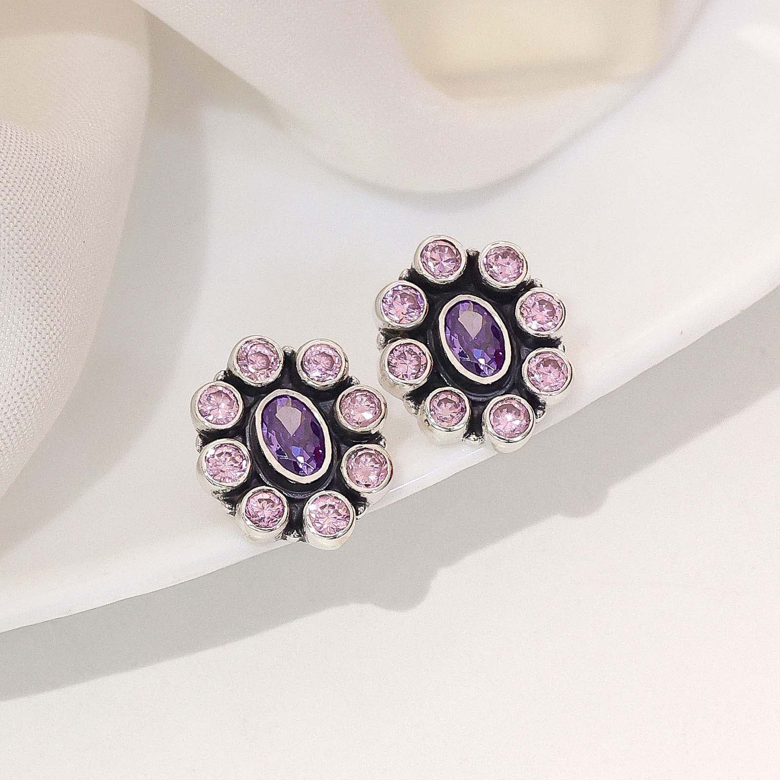 Oxidized Oval Purple Stone Studded Silver Stud