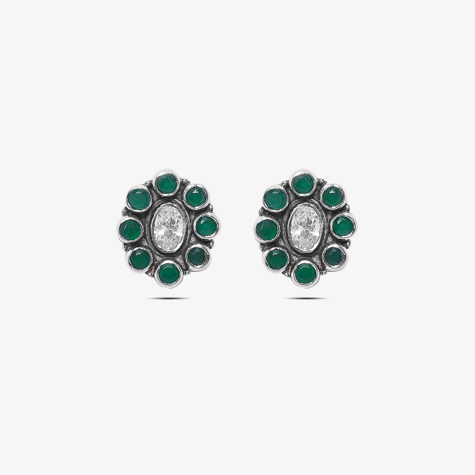 Oxidized Silver Green Stone Stud Earrings