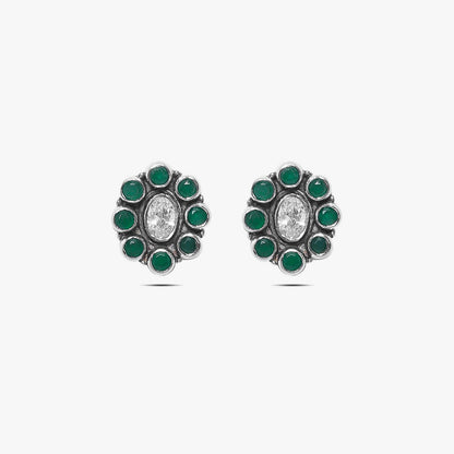 Oxidized Silver Green Stone Stud Earrings