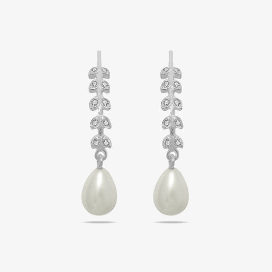 CZ Long Silver Pearl Earrings