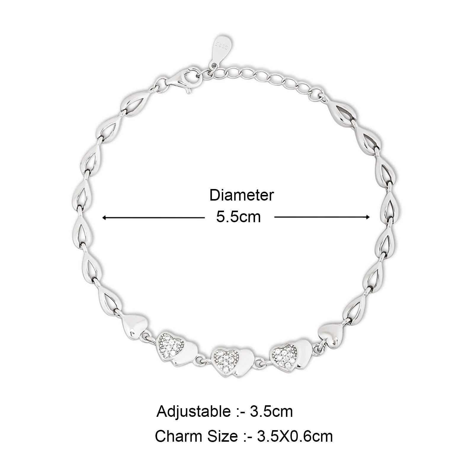 925 Sterling Silver CZ Designer Heart Bracelet for Women