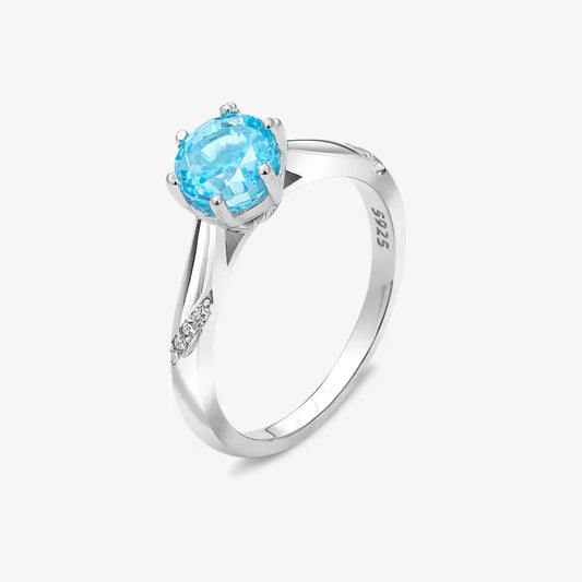 Blue Round Cut Solitaire Diamond Silver Ring
