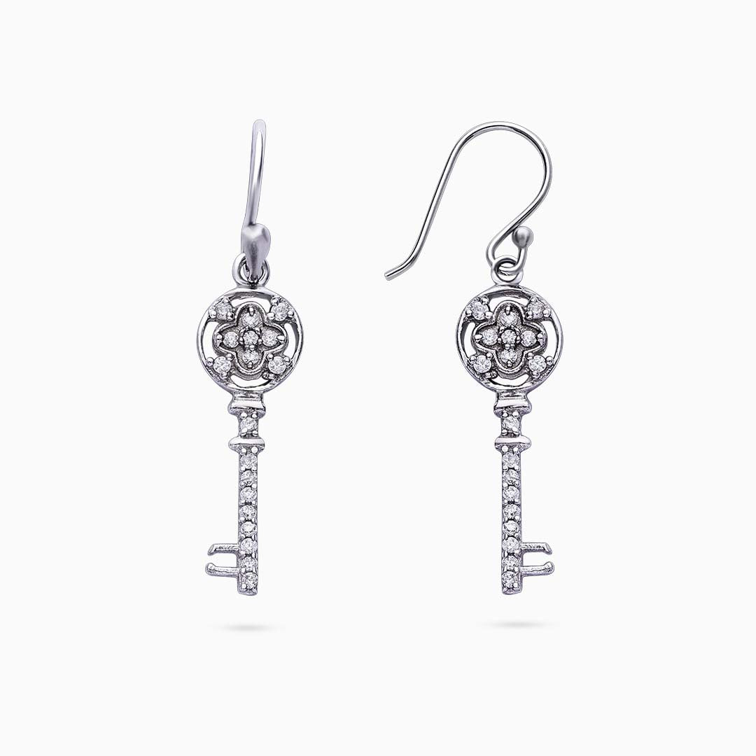 Pure Silver Jewellery Sets - Cubic Zirconia Key Earrings With Pendant Set - Tweov Jewels
