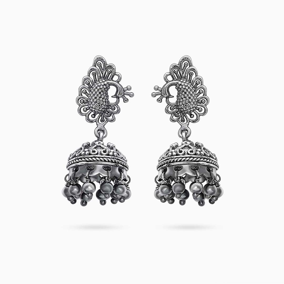 Silver bollywood jhumka earrings - Oxidised Peacock Engraved Jhumka