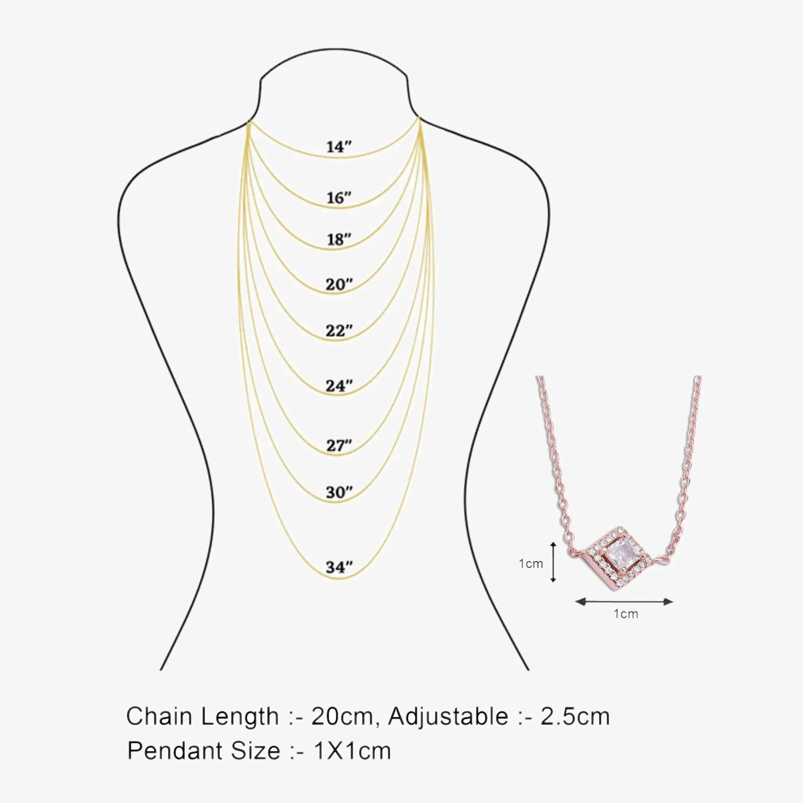 Rose Gold Plated CZ Studded Square Pendant with Chain
