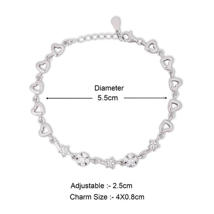 925 Sterling Silver CZ Floral Shaped Heart Bracelet for Women