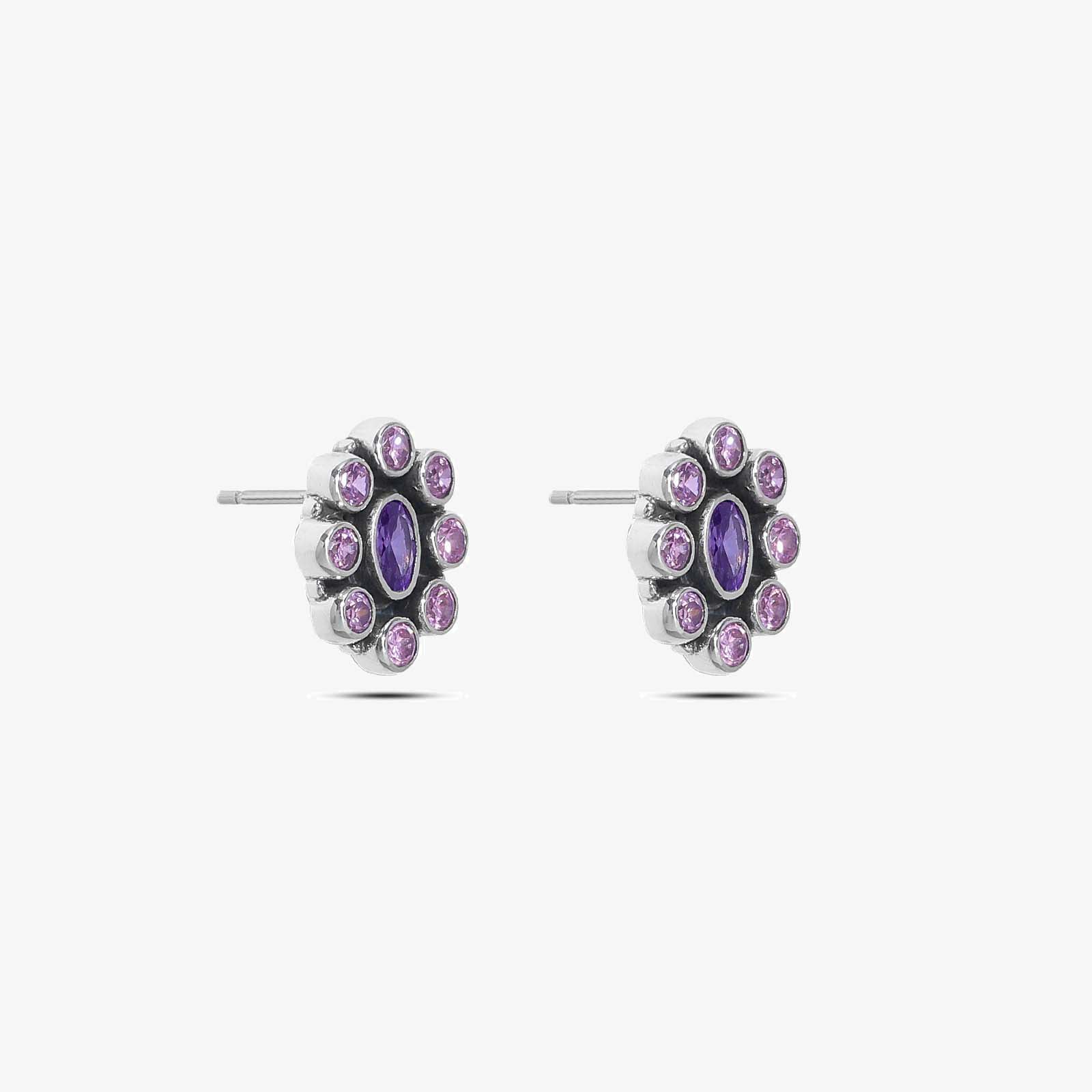 Oxidized Oval Purple Stone Studded Silver Stud