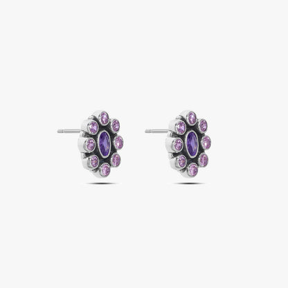 Oxidized Oval Purple Stone Studded Silver Stud
