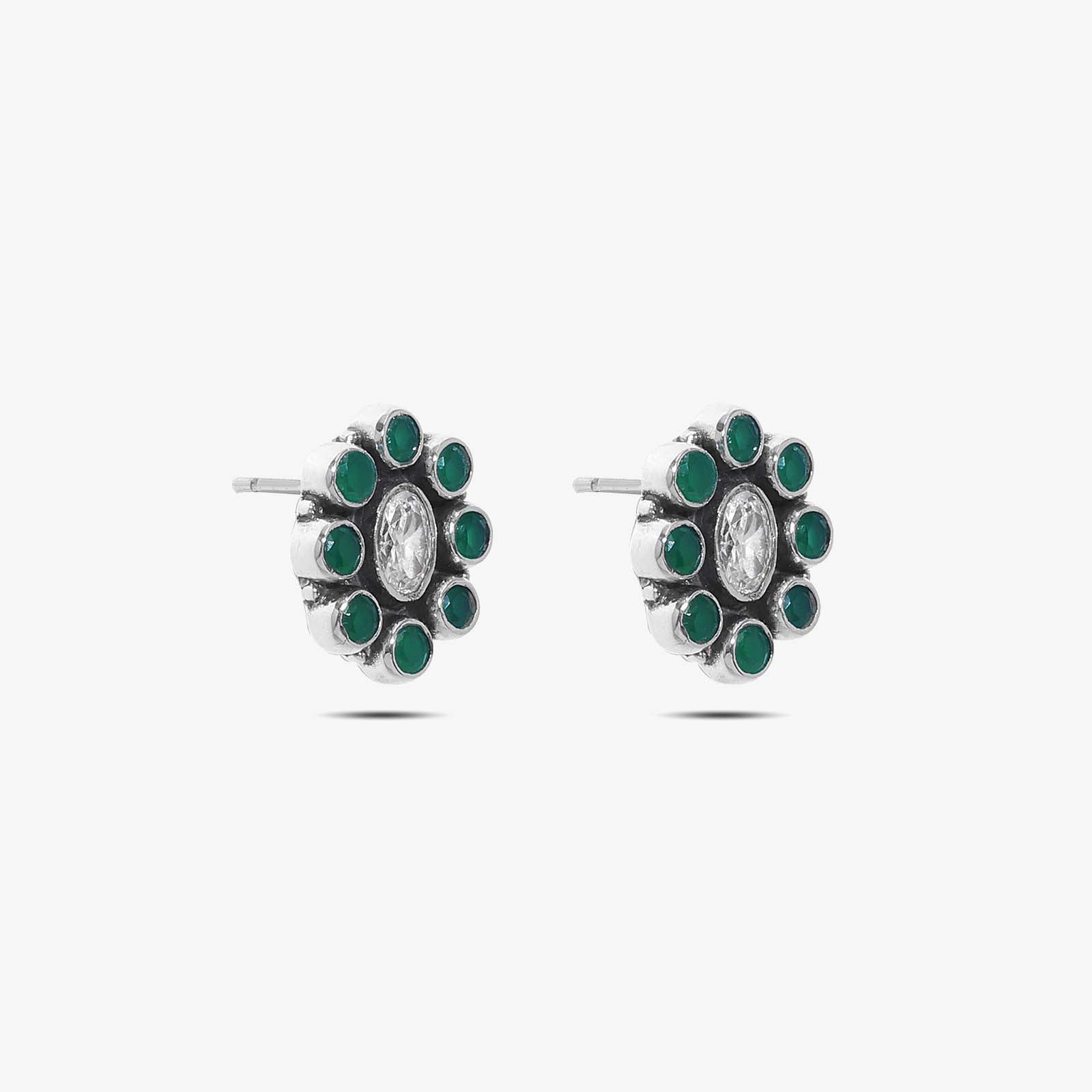 Oxidized Silver Green Stone Stud Earrings