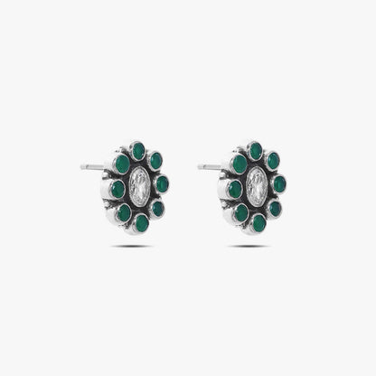 Oxidized Silver Green Stone Stud Earrings