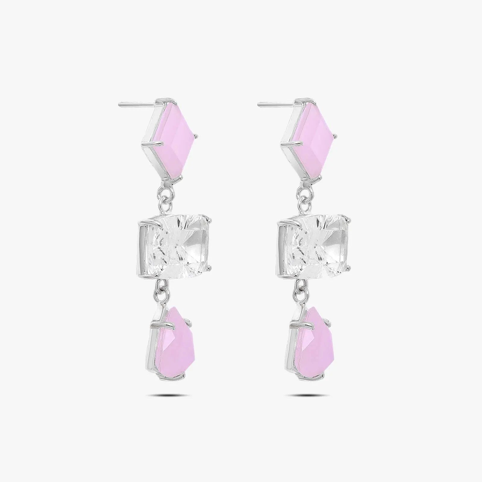 Multicut Pink Stone Long Silver Earrings