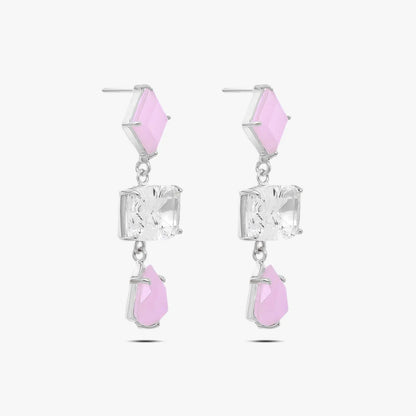 Multicut Pink Stone Long Silver Earrings