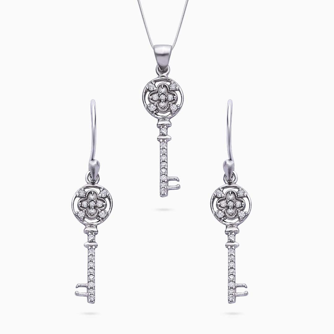 Pure Silver Jewellery Sets - Cubic Zirconia Key Earrings With Pendant Set - Tweov Jewels