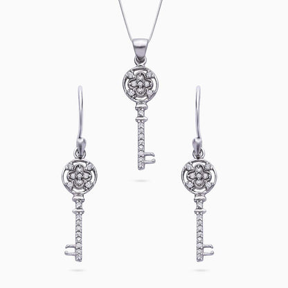 Pure Silver Jewellery Sets - Cubic Zirconia Key Earrings With Pendant Set - Tweov Jewels