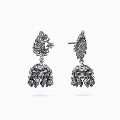 Silver bollywood jhumka earrings - Oxidised Peacock Engraved Jhumka
