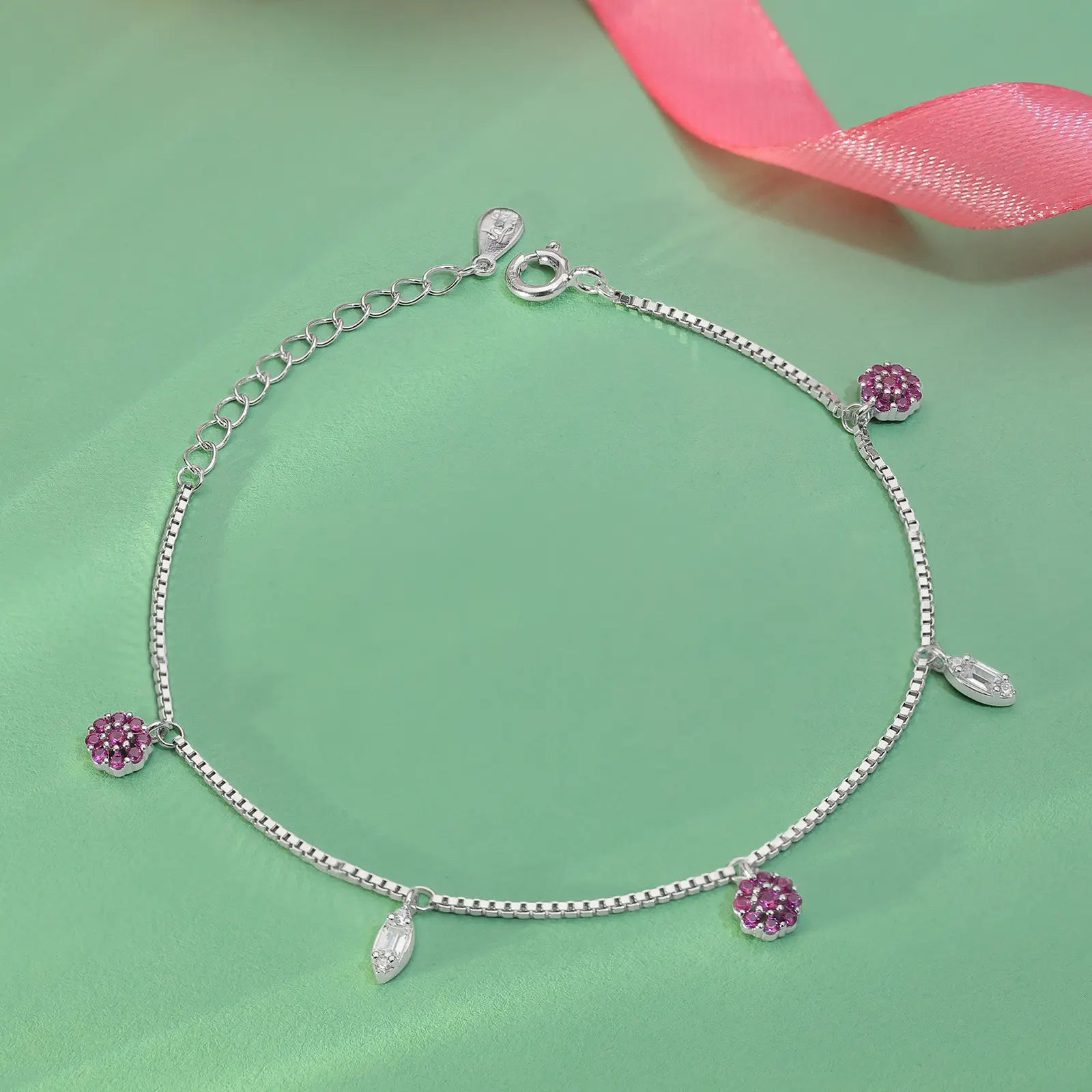 Silver Pink Floral Leaf Bracelet - Tweov Jewels