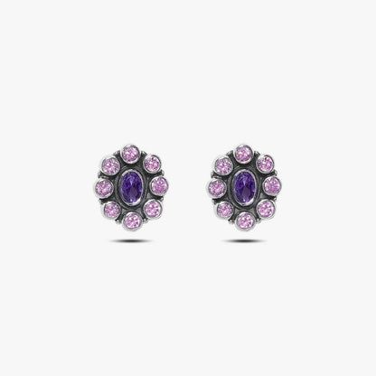 Oxidized Oval Purple Stone Studded Silver Stud