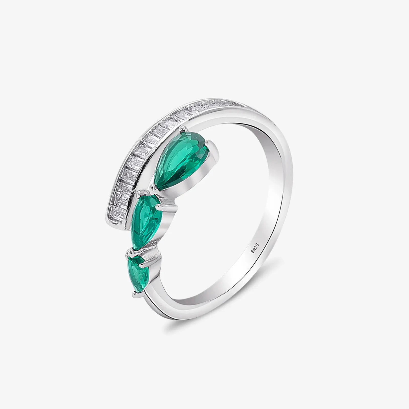 Green Stone Studded Spiral Silver Ring