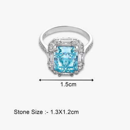 Sky Blue Emerald Cut Diamond Studded Silver Ring - Tweov Jewels