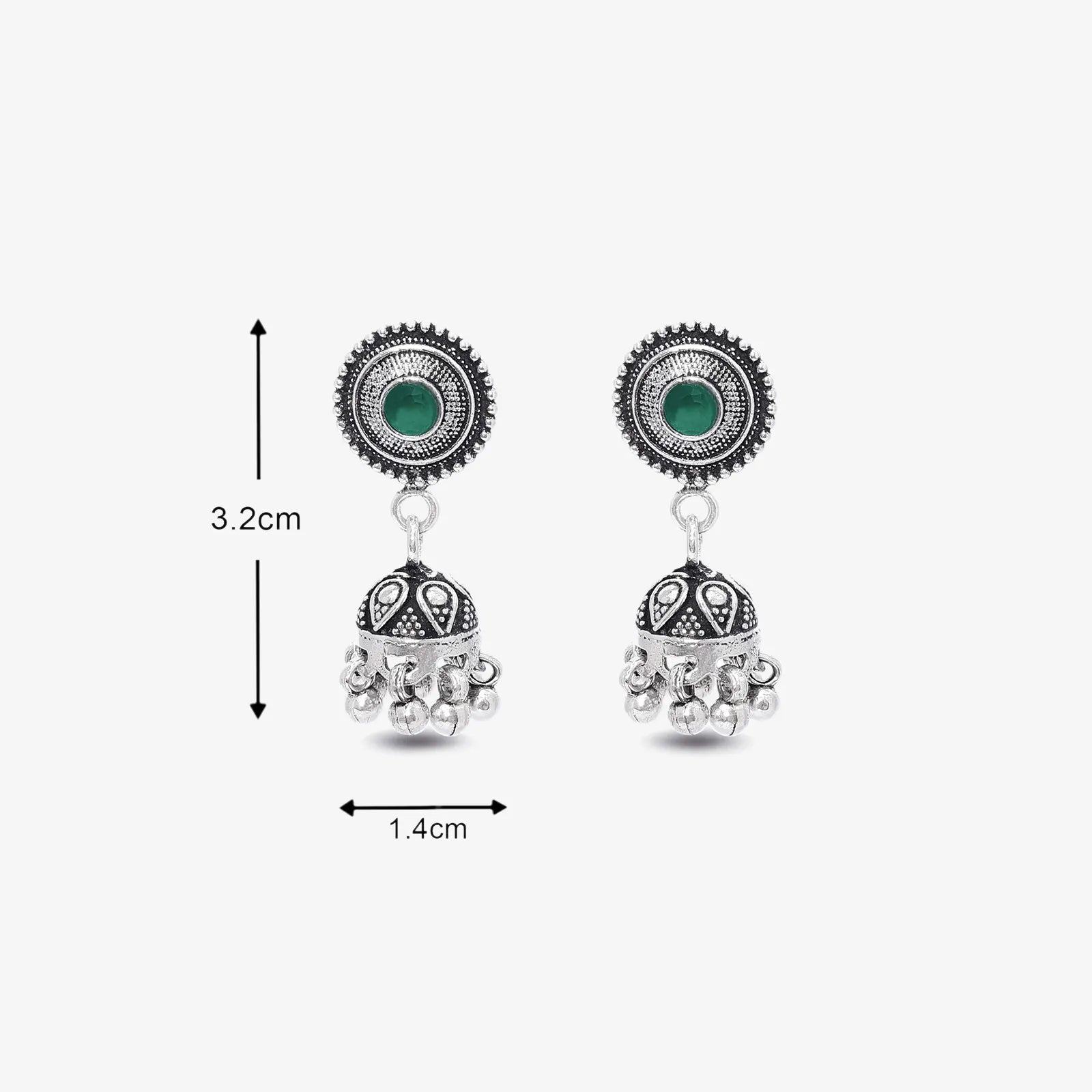 Silver Green Stone Studded Oxidised Jhumka Earrings - Tweov Jewels