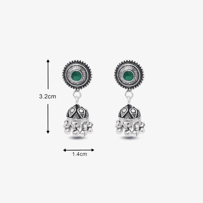 Silver Green Stone Studded Oxidised Jhumka Earrings - Tweov Jewels
