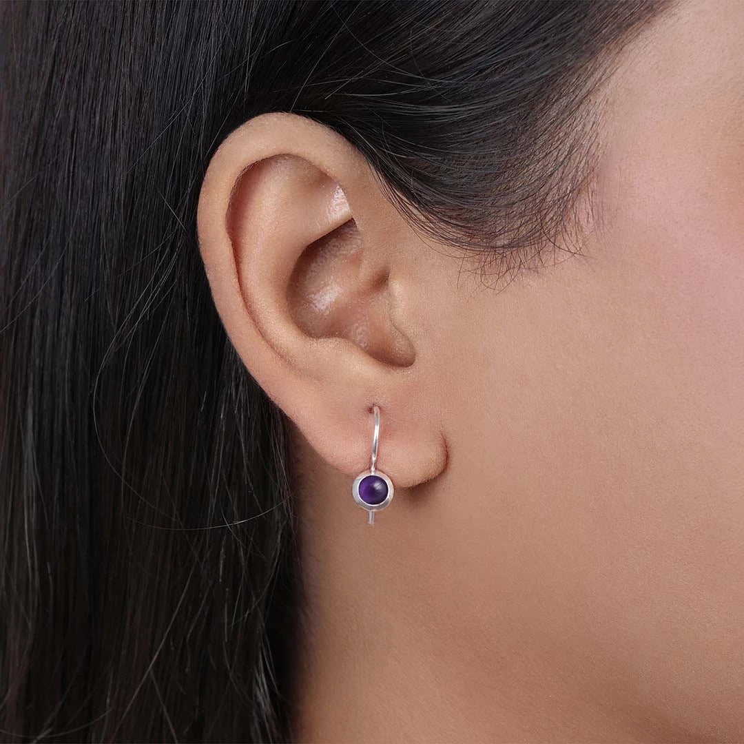 Silver Earrings - Pure Silver Earrings &#8211; Amethyst Adorned Mini Drop