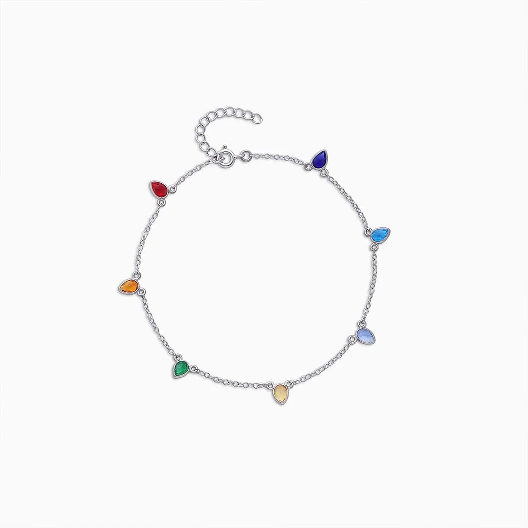 Silver Anklet - Pure 925 Silver Anklet &#8211; Multicolor Stone Dew Drop Model