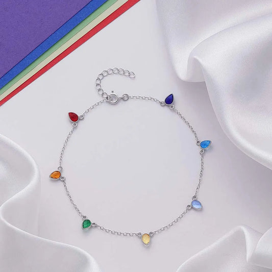 Silver anklets - Pure 925 Silver Anklet &#8211; Multicolor Stone Dew Drop Model