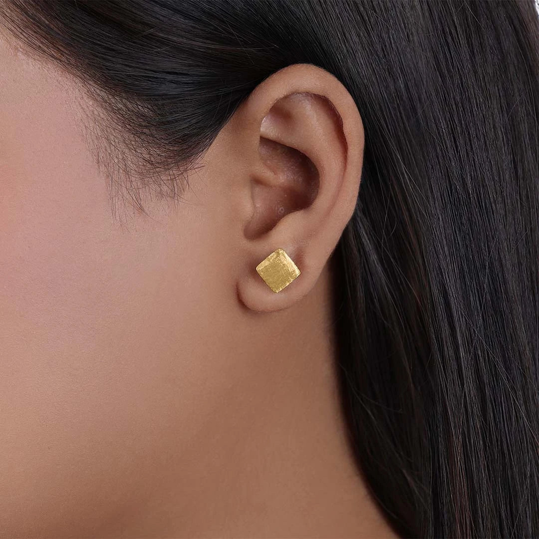 gold earrings for girls - Pure Silver Stud Earrings &#8211; Gold Plated With Modern Cubes