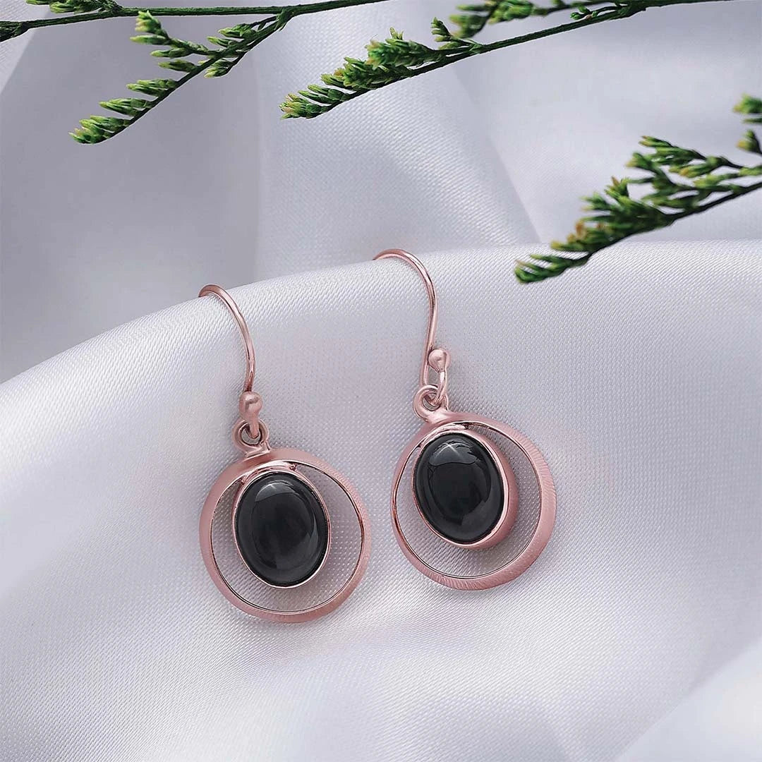 Contemporary Jewellery - Pure Silver Earrings &#8211; Black Onyx Drop With Rose Gold Finish