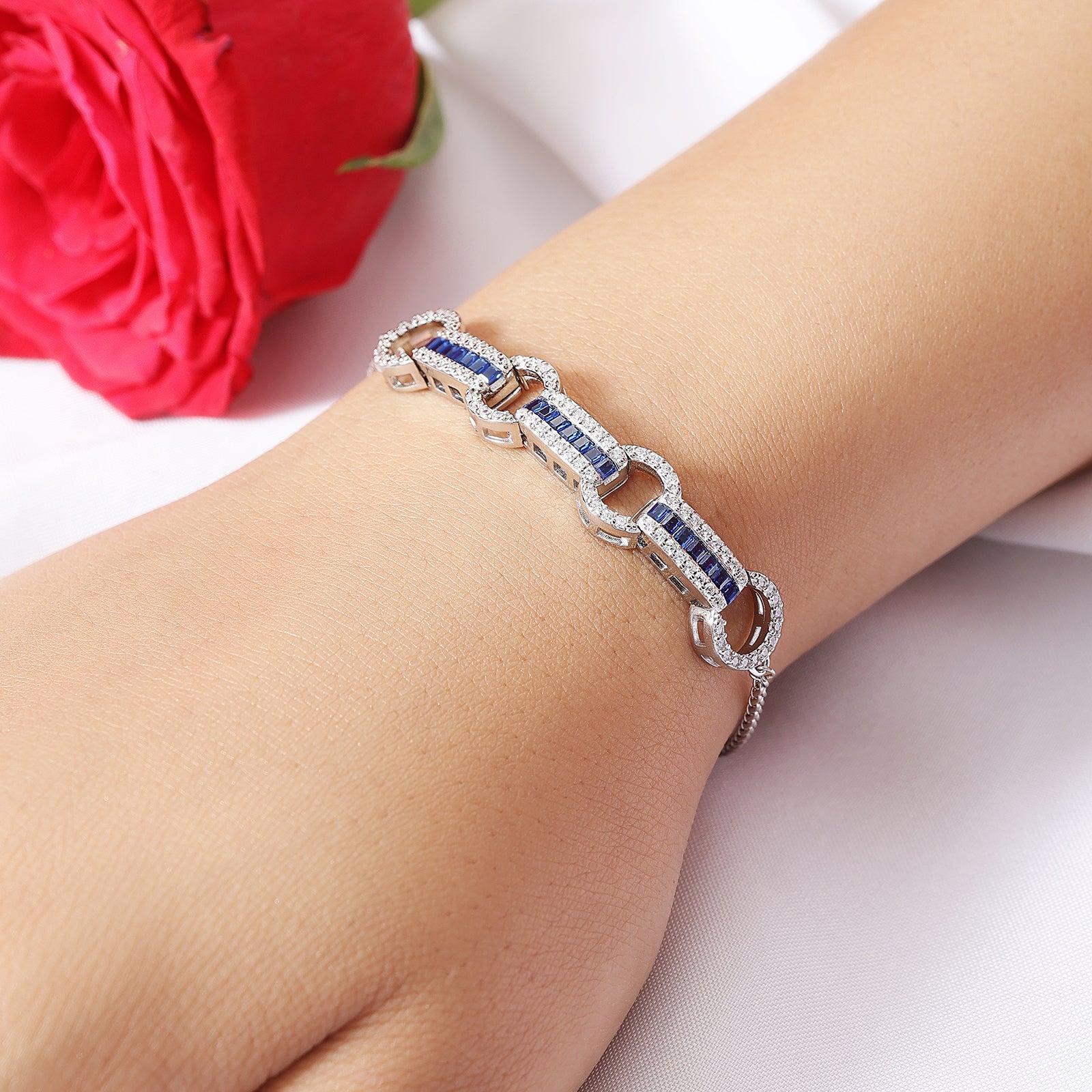 925 Sterling Silver Blue Cz Studded Chain Bracelet for Women - Tweov Jewels