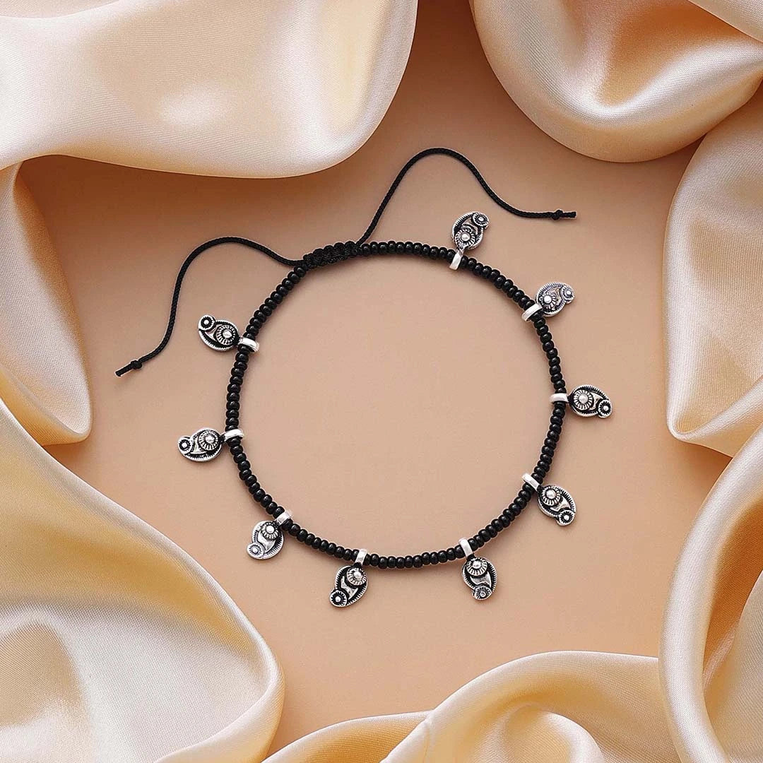 black beads anklets - Pure 925 Silver Anklet &#8211; Oxidised With Black Beads