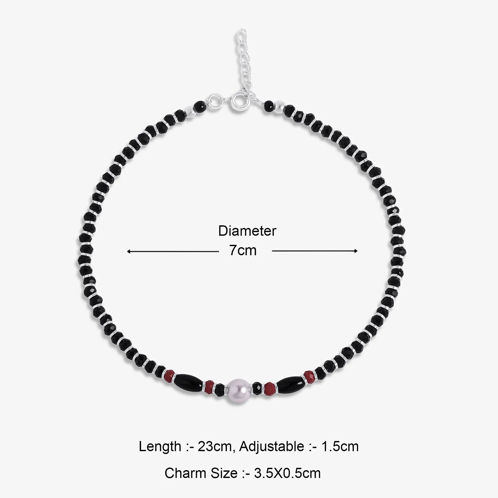 Pearl Charm & Red Black Beads Silver Anklet