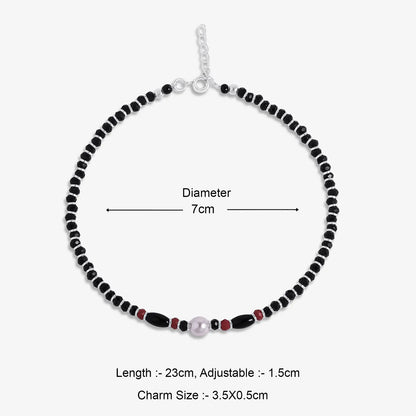 Pearl Charm & Red Black Beads Silver Anklet