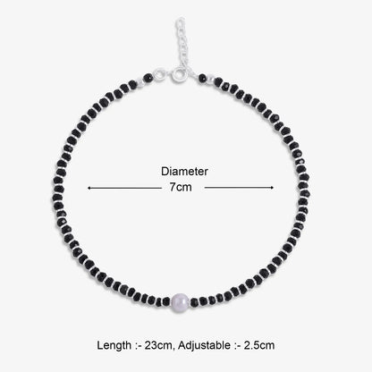 Shiny Pearl & Black Beads Silver Anklet