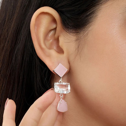 Multicut Pink Stone Long Silver Earrings