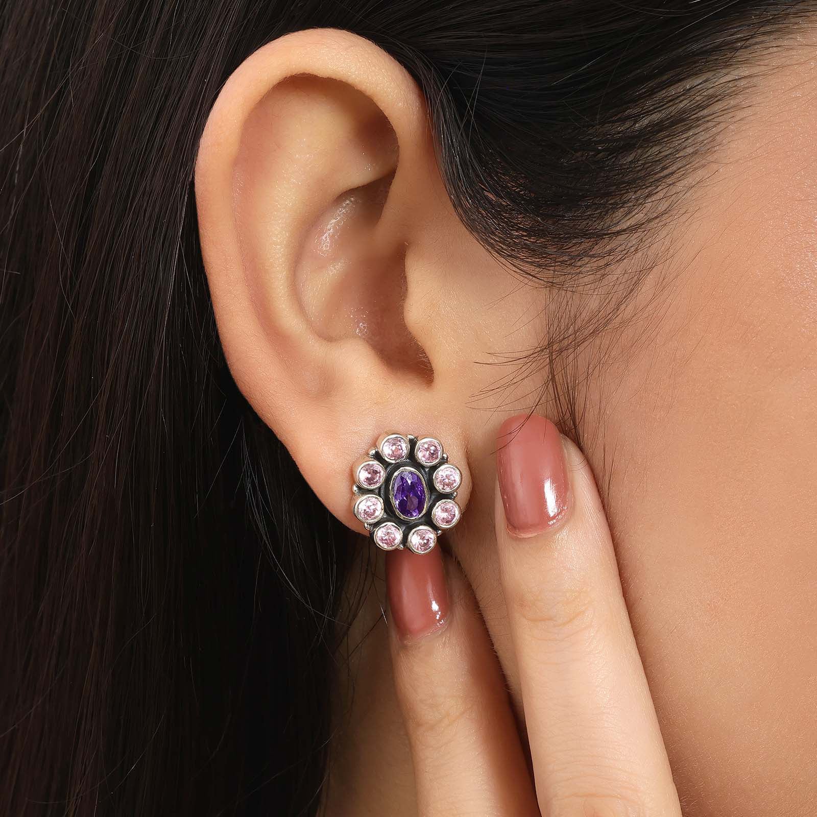 Oxidized Oval Purple Stone Studded Silver Stud