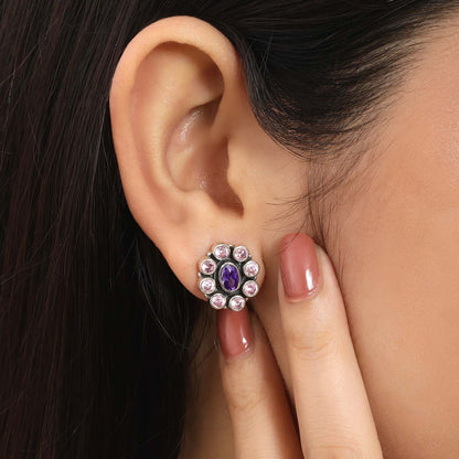 Oxidized Oval Purple Stone Studded Silver Stud