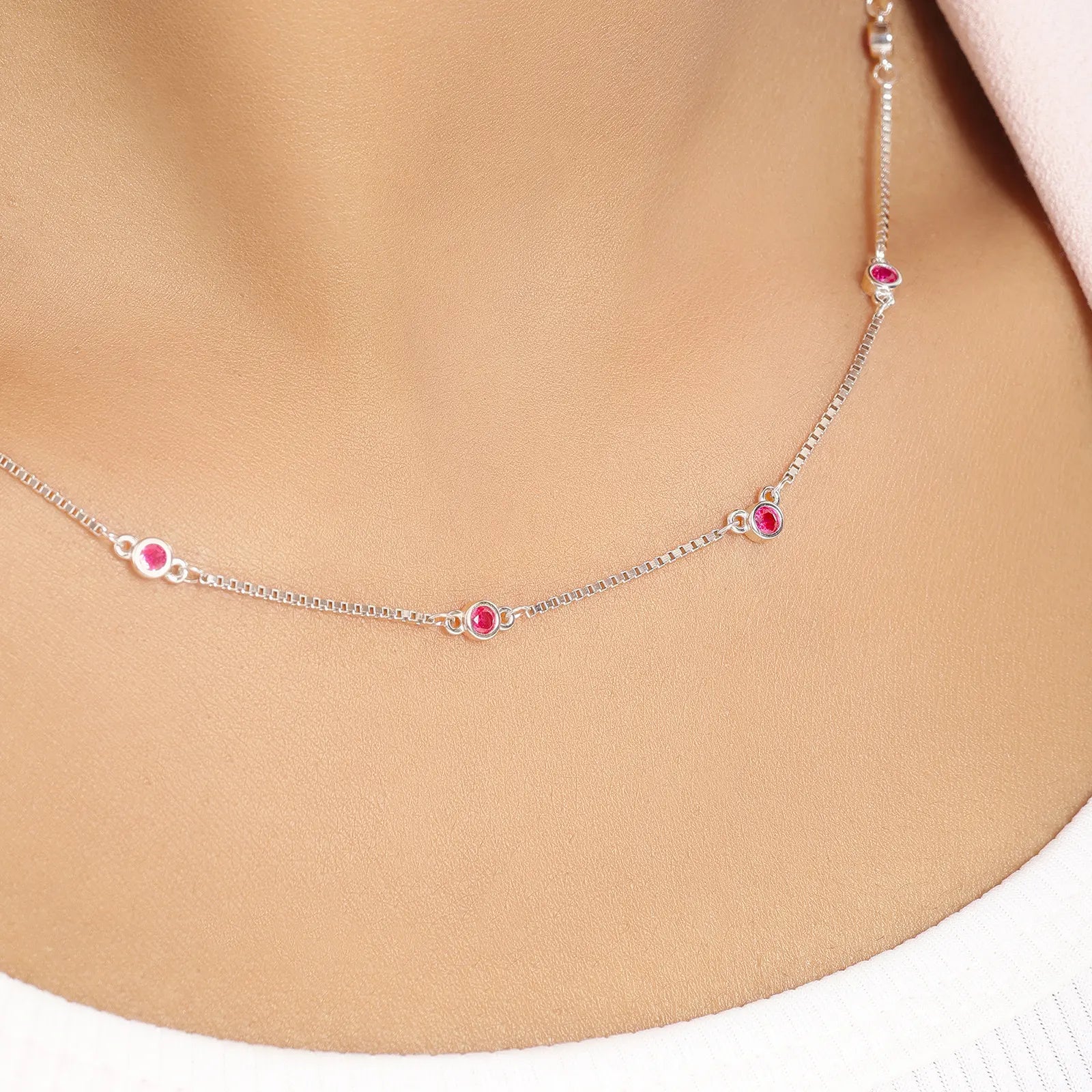 Pink CZ Stone Studded Silver Necklace