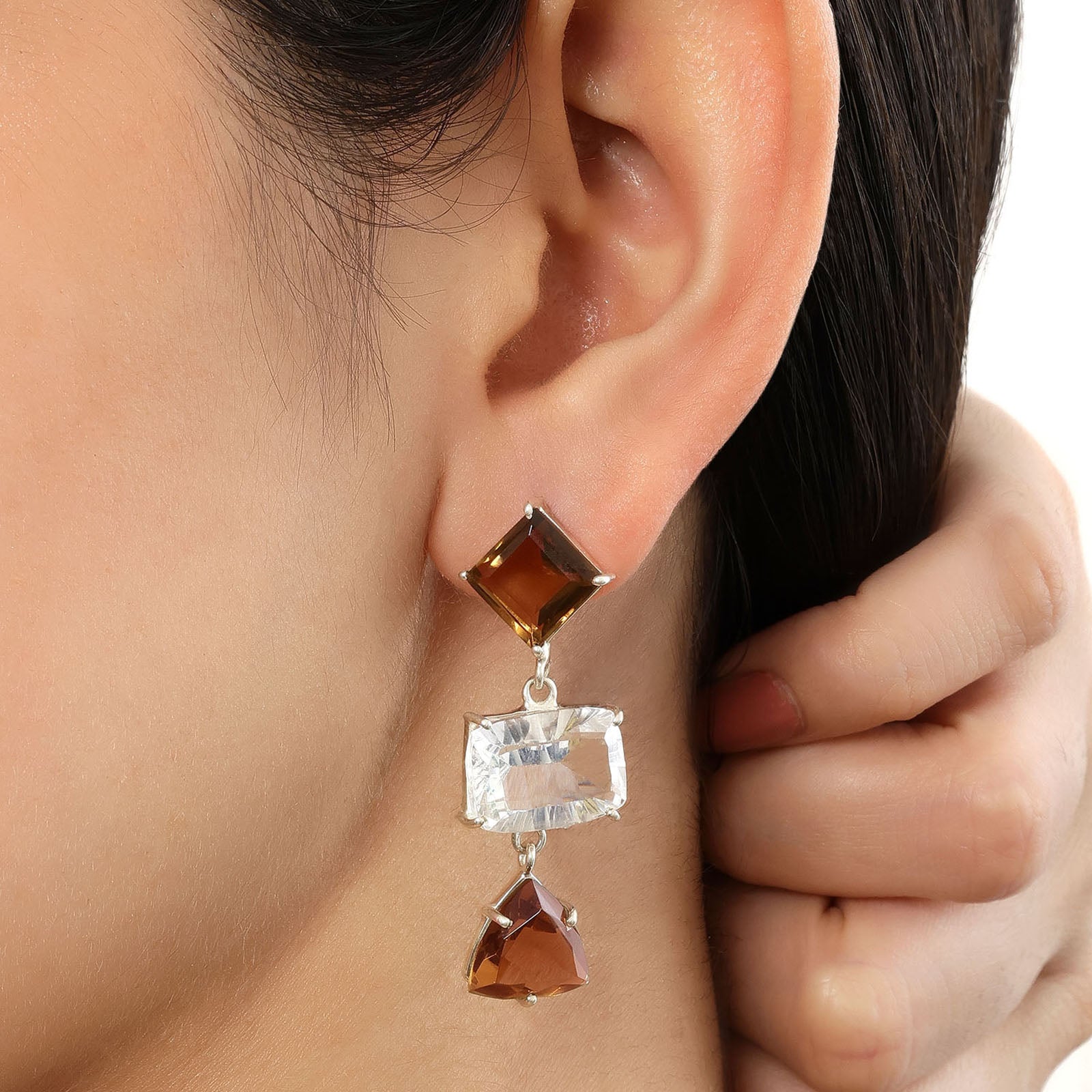 Multicut Brown AD Stone Silver Earrings