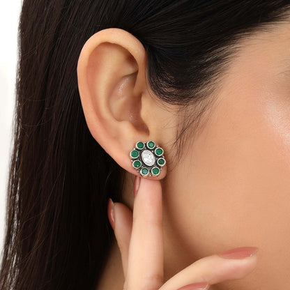Oxidized Silver Green Stone Stud Earrings