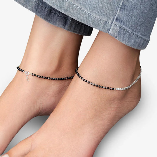 Black Beads Layered Chain Silver Anklet