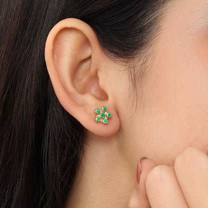 Gold-Plated Floral Design Green Stone Silver Stud Earring