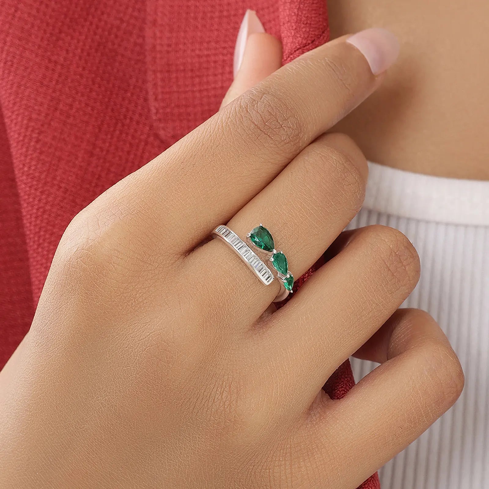 Green Stone Studded Spiral Silver Ring