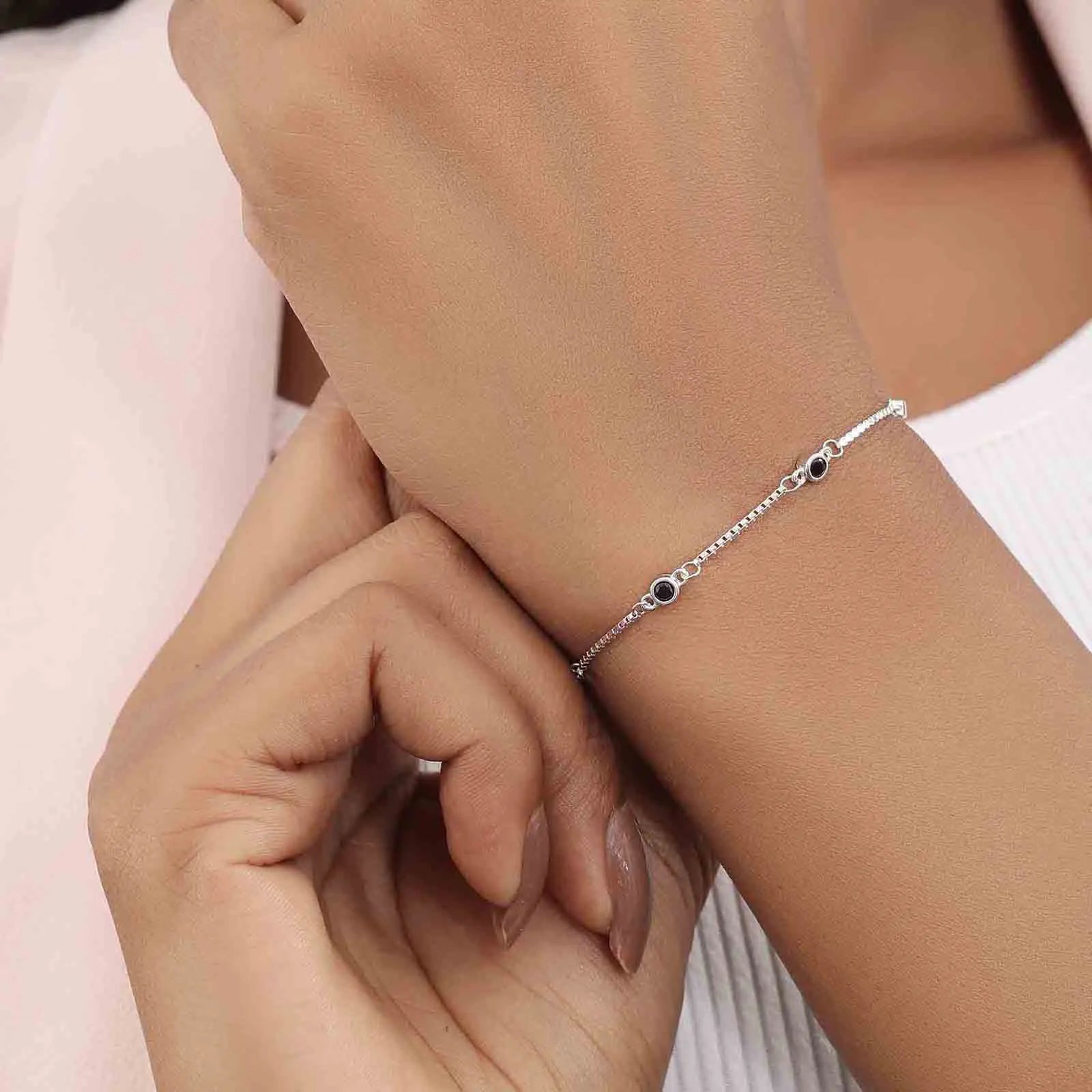 Silver Black Stone Box Chain Bracelet