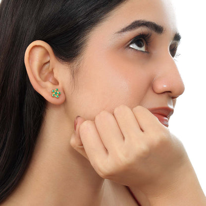 Gold-Plated Floral Design Green Stone Silver Stud Earring
