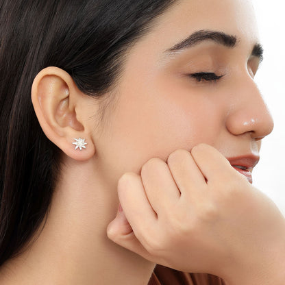 Glossy Floral Design Silver Stud Earrings