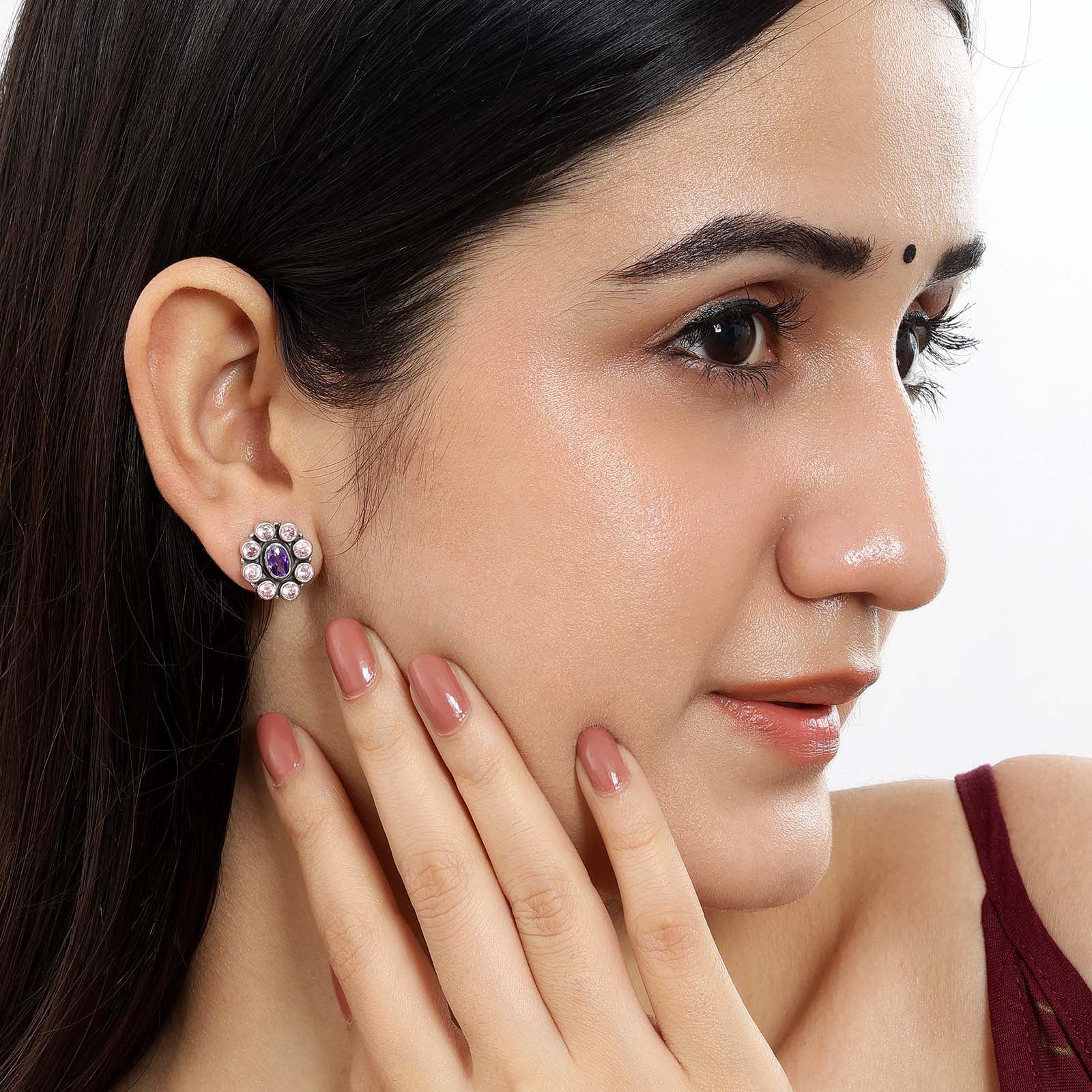 Oxidized Oval Purple Stone Studded Silver Stud